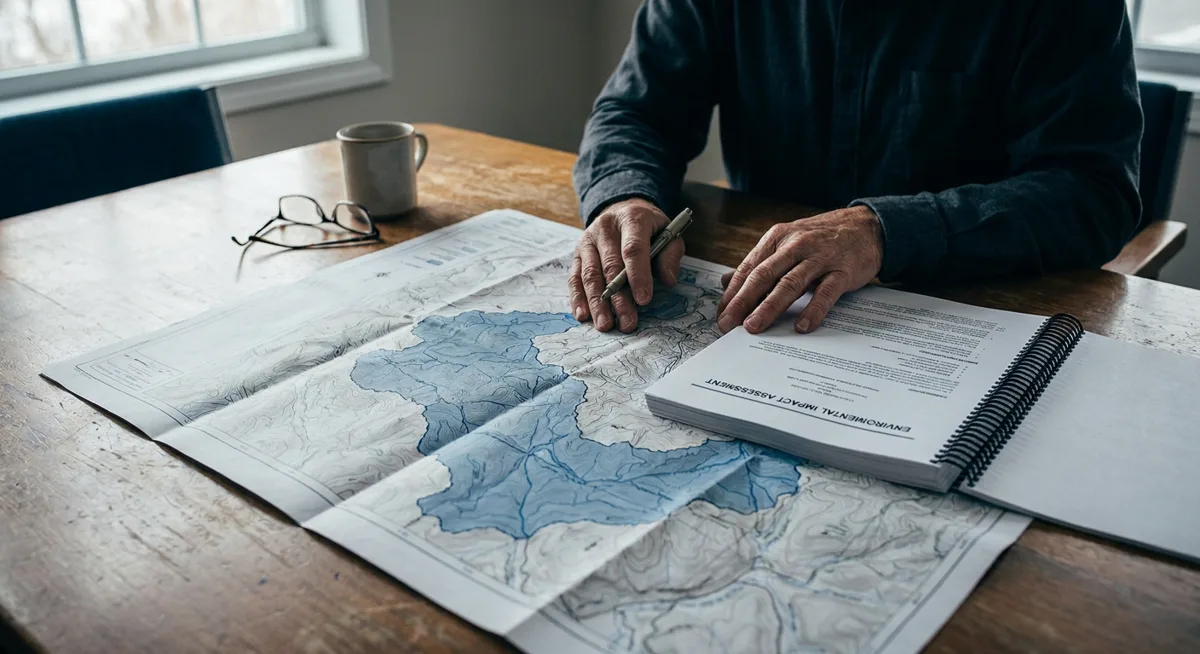 Reviewing a topographic watershed planning map and environmental impact documents