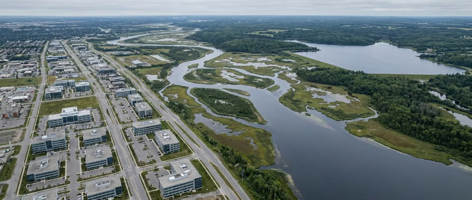 Aerial view where planned infrastructure meets a natural river watershed